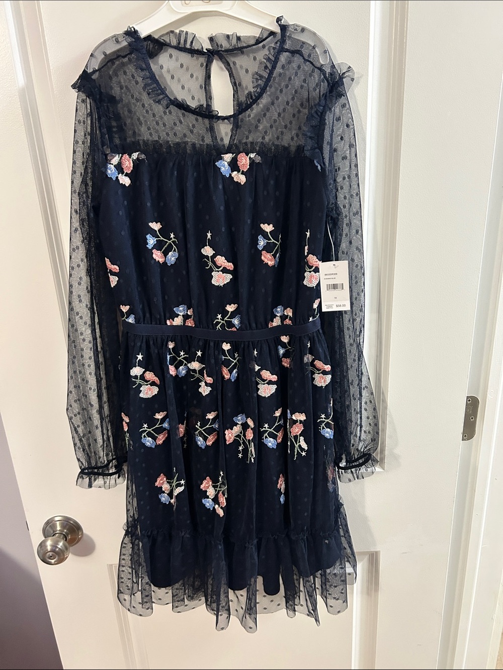 BCBG Navy Sheer Dot Embroidered Floral Kids Dress